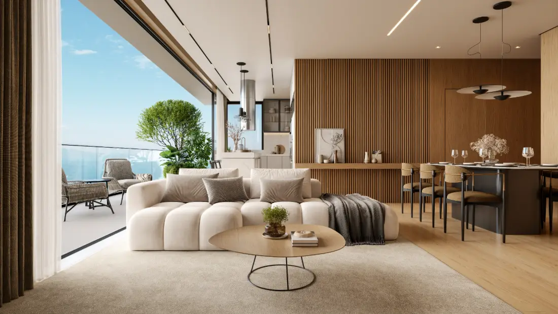Living decorado com vista para o mar